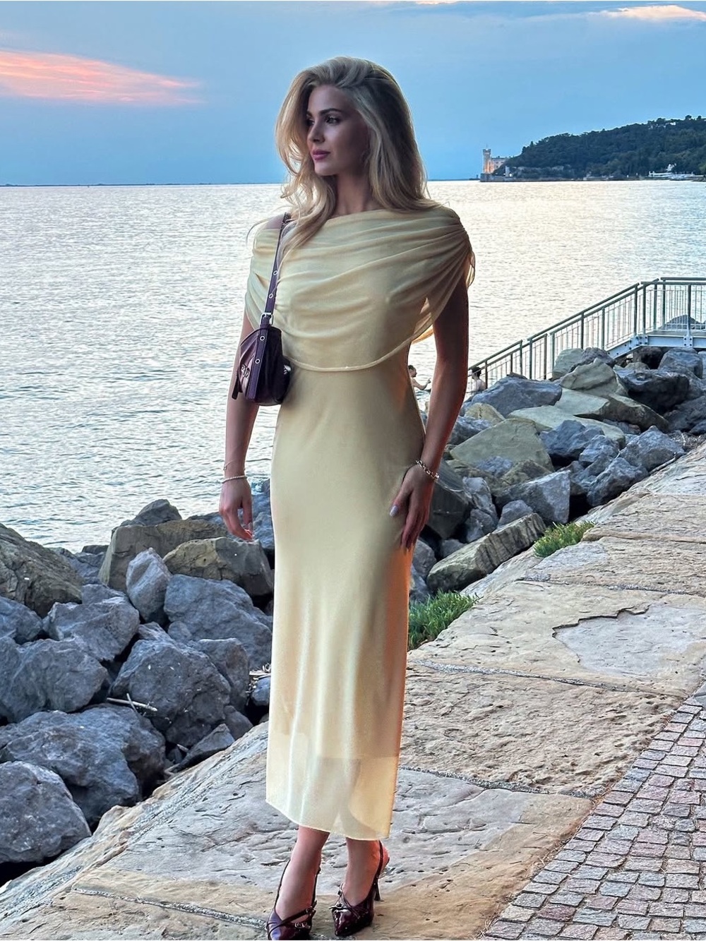 NWT RIHOAS Soft Yellow Draped Midi Dress